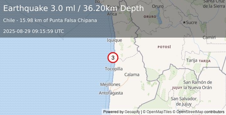 Earthquake OFFSHORE ANTOFAGASTA, CHILE (3.0 ml) (2025-08-29 09:15:59 UTC)