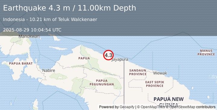 Earthquake NEAR N COAST OF PAPUA, INDONESIA (4.3 m) (2025-08-29 10:04:54 UTC)