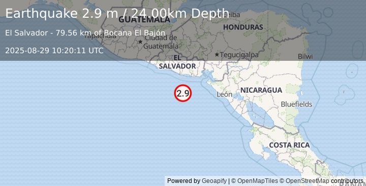 Earthquake OFFSHORE EL SALVADOR (2.9 m) (2025-08-29 10:20:11 UTC)