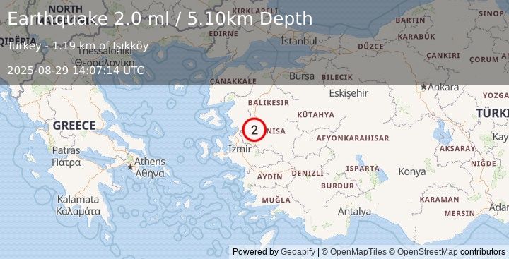 Earthquake WESTERN TURKEY (2.0 ml) (2025-08-29 14:07:14 UTC)