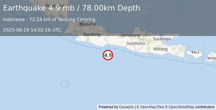 Earthquake JAVA, INDONESIA (4.9 mb) (2025-08-29 14:02:16 UTC)
