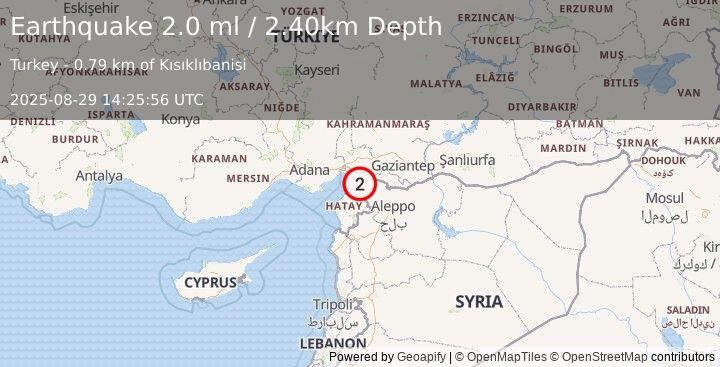 Earthquake TURKEY-SYRIA BORDER REGION (2.0 ml) (2025-08-29 14:25:56 UTC)