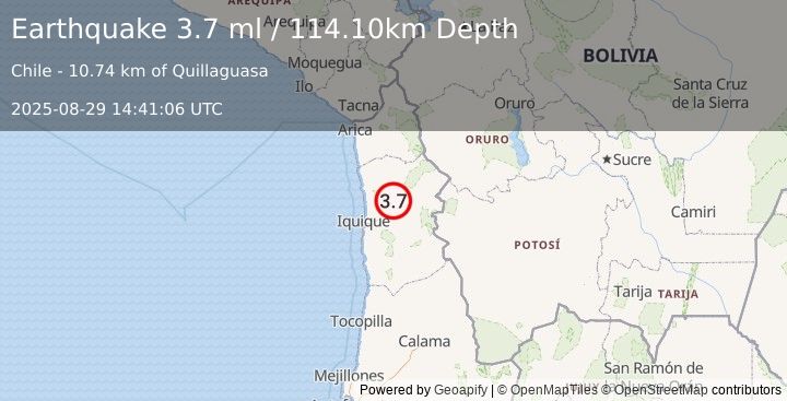 Earthquake TARAPACA, CHILE (3.7 ml) (2025-08-29 14:41:06 UTC)