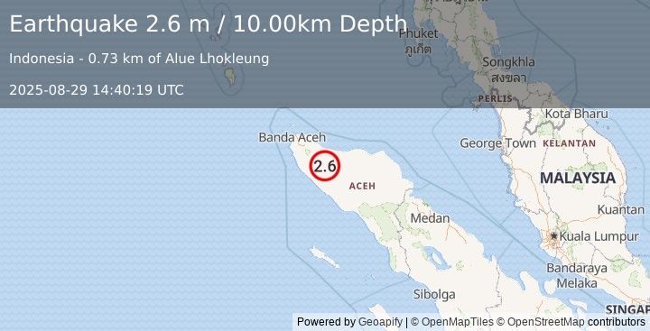 Earthquake NORTHERN SUMATRA, INDONESIA (2.6 m) (2025-08-29 14:40:19 UTC)