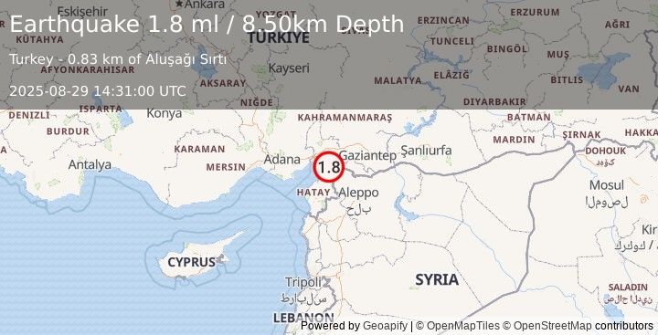 Earthquake TURKEY-SYRIA BORDER REGION (1.8 ml) (2025-08-29 14:31:00 UTC)