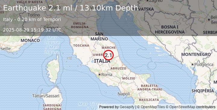 Earthquake CENTRAL ITALY (2.1 ml) (2025-08-29 15:19:32 UTC)