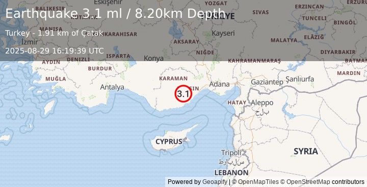 Earthquake CENTRAL TURKEY (3.1 ml) (2025-08-29 16:19:39 UTC)