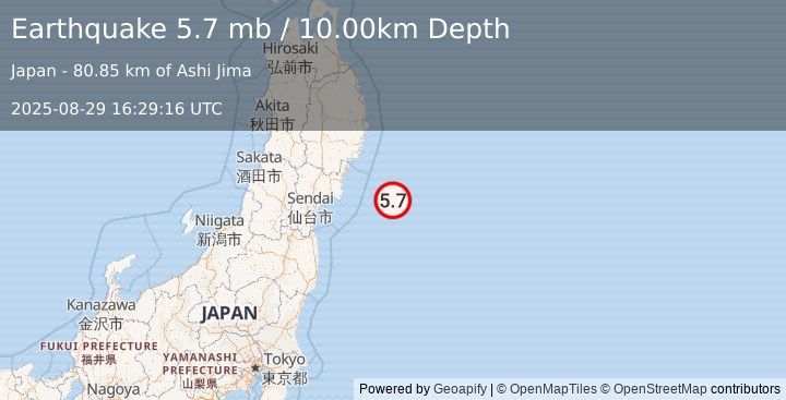 Earthquake NEAR EAST COAST OF HONSHU, JAPAN (6.0 mb) (2025-08-29 16:29:21 UTC)