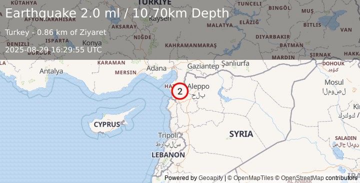 Earthquake TURKEY-SYRIA BORDER REGION (2.0 ml) (2025-08-29 16:29:55 UTC)