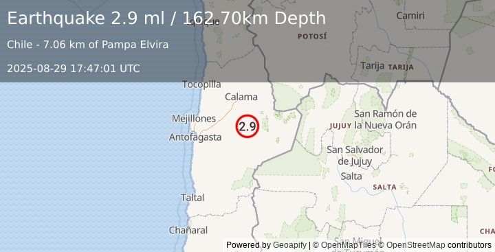 Earthquake ANTOFAGASTA, CHILE (2.8 ml) (2025-08-29 17:47:02 UTC)