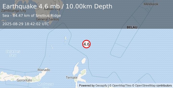Earthquake NORTH OF HALMAHERA, INDONESIA (4.6 mb) (2025-08-29 18:42:02 UTC)