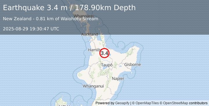 Earthquake NORTH ISLAND OF NEW ZEALAND (3.4 m) (2025-08-29 19:30:47 UTC)
