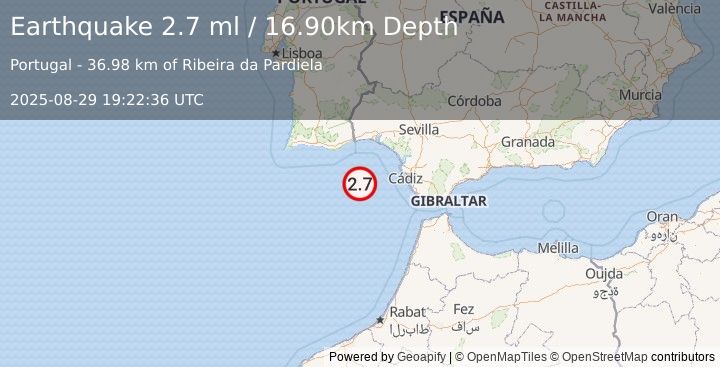 Earthquake STRAIT OF GIBRALTAR (2.7 ml) (2025-08-29 19:22:36 UTC)