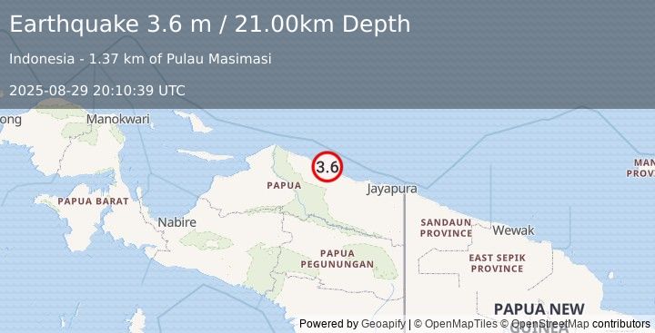 Earthquake NEAR N COAST OF PAPUA, INDONESIA (3.6 m) (2025-08-29 20:10:39 UTC)