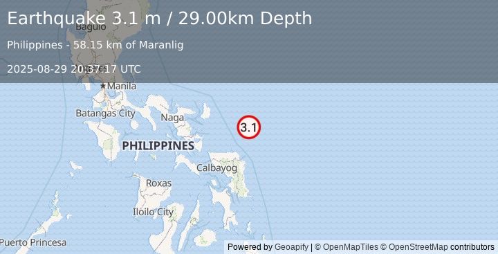 Earthquake PHILIPPINE ISLANDS REGION (3.1 m) (2025-08-29 20:37:17 UTC)
