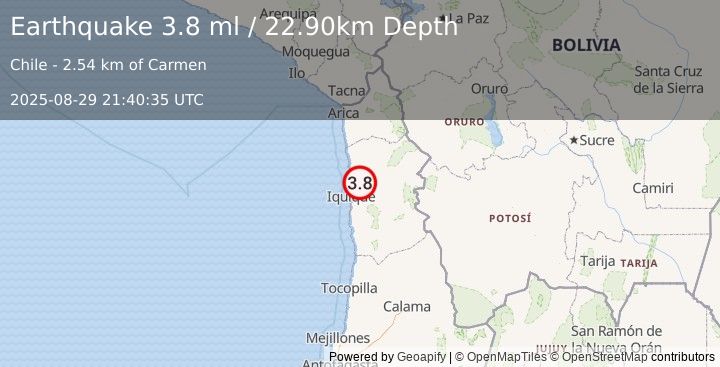 Earthquake TARAPACA, CHILE (3.8 ml) (2025-08-29 21:40:35 UTC)