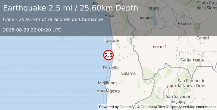 Earthquake OFFSHORE ANTOFAGASTA, CHILE (2.5 ml) (2025-08-29 22:00:20 UTC)
