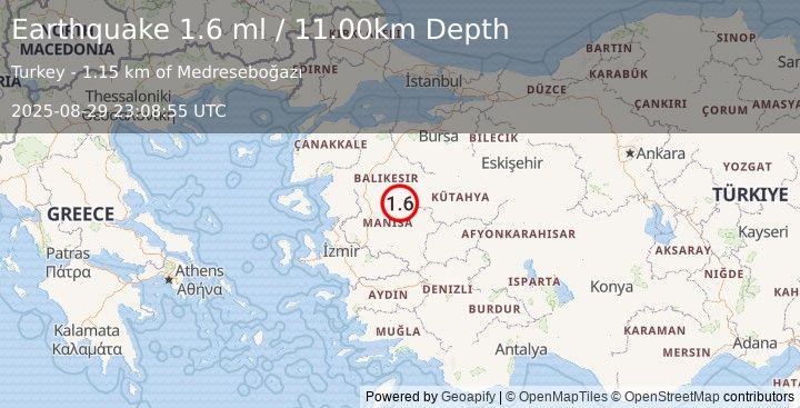 Earthquake WESTERN TURKEY (1.6 ml) (2025-08-29 23:08:55 UTC)