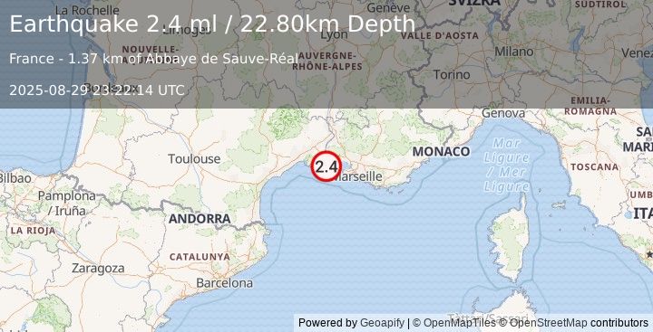 Earthquake NEAR SOUTH COAST OF FRANCE (2.2 ml) (2025-08-29 23:22:13 UTC)