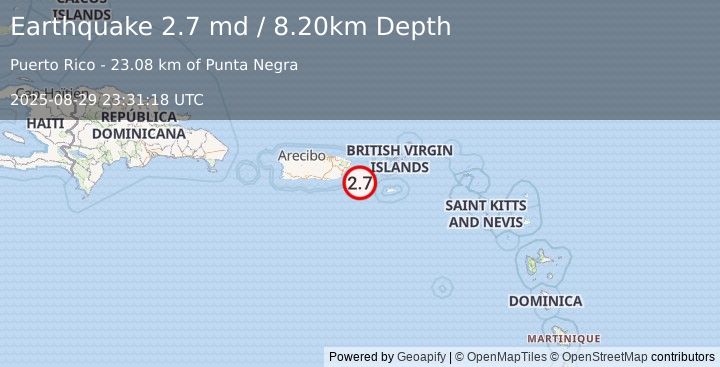 Earthquake PUERTO RICO REGION (2.7 md) (2025-08-29 23:31:18 UTC)