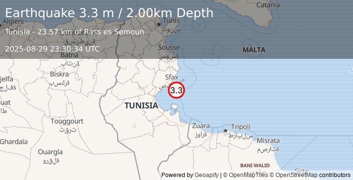 Earthquake TUNISIA (3.3 m) (2025-08-29 23:30:34 UTC)