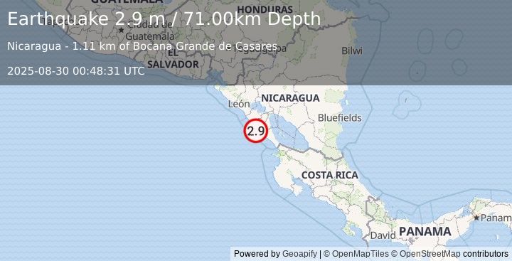 Earthquake NEAR COAST OF NICARAGUA (2.9 m) (2025-08-30 00:48:31 UTC)
