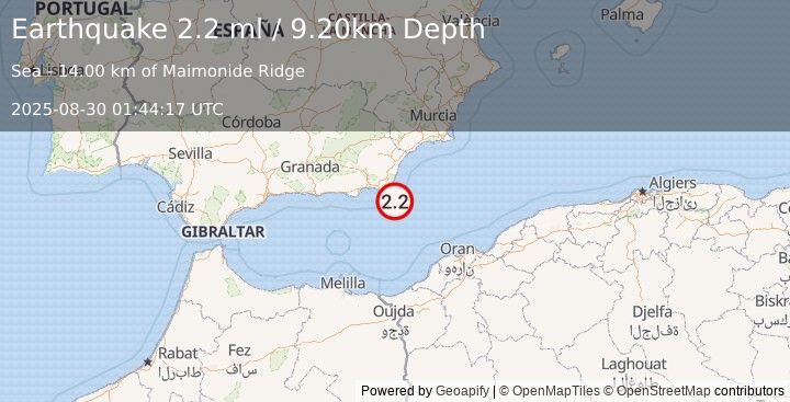 Earthquake WESTERN MEDITERRANEAN SEA (2.2 ml) (2025-08-30 01:44:17 UTC)