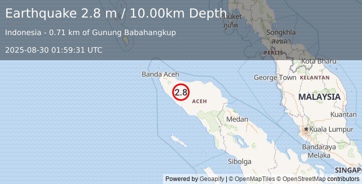 Earthquake NORTHERN SUMATRA, INDONESIA (2.8 m) (2025-08-30 01:59:31 UTC)