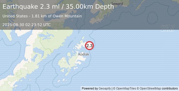 Earthquake KODIAK ISLAND REGION, ALASKA (2.3 ml) (2025-08-30 02:23:52 UTC)