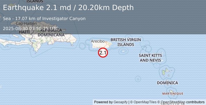 Earthquake PUERTO RICO REGION (2.1 md) (2025-08-30 03:50:25 UTC)