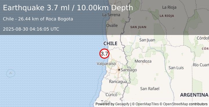 Earthquake OFFSHORE VALPARAISO, CHILE (3.7 ml) (2025-08-30 04:16:05 UTC)