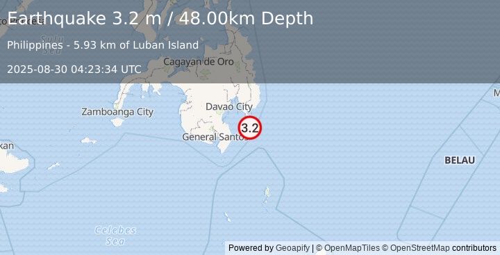 Earthquake MINDANAO, PHILIPPINES (3.2 m) (2025-08-30 04:23:34 UTC)
