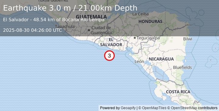 Earthquake OFFSHORE EL SALVADOR (3.0 m) (2025-08-30 04:26:00 UTC)