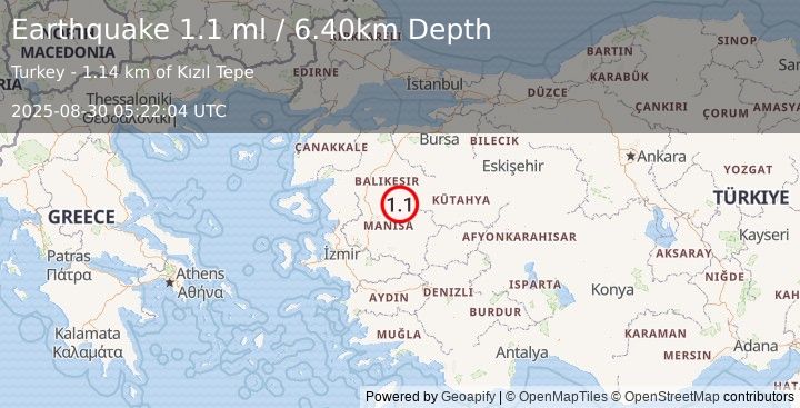 Earthquake WESTERN TURKEY (1.1 ml) (2025-08-30 05:22:04 UTC)
