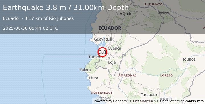 Earthquake NEAR COAST OF ECUADOR (3.8 m) (2025-08-30 05:44:02 UTC)