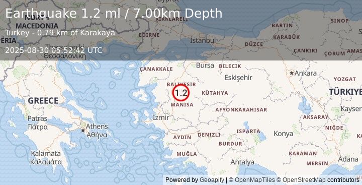Earthquake WESTERN TURKEY (1.2 ml) (2025-08-30 05:52:42 UTC)