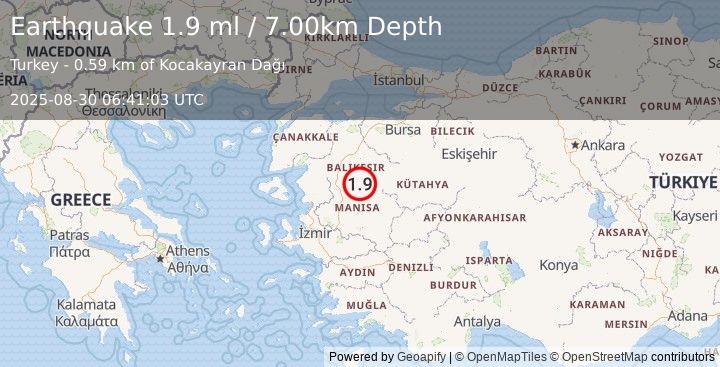 Earthquake WESTERN TURKEY (1.9 ml) (2025-08-30 06:41:03 UTC)