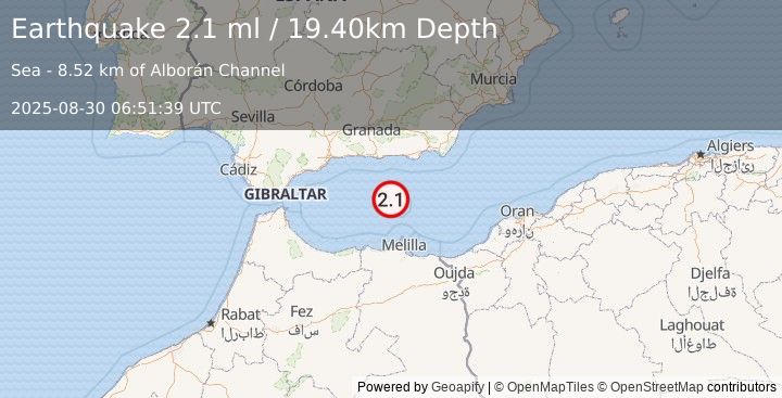 Earthquake STRAIT OF GIBRALTAR (2.1 ml) (2025-08-30 06:51:39 UTC)