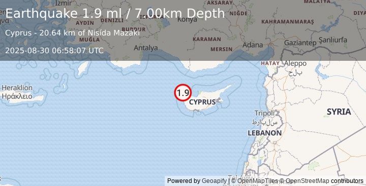 Earthquake CYPRUS REGION (1.9 ml) (2025-08-30 06:58:07 UTC)