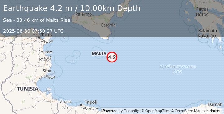 Earthquake CENTRAL MEDITERRANEAN SEA (4.9 mb) (2025-08-30 07:50:07 UTC)