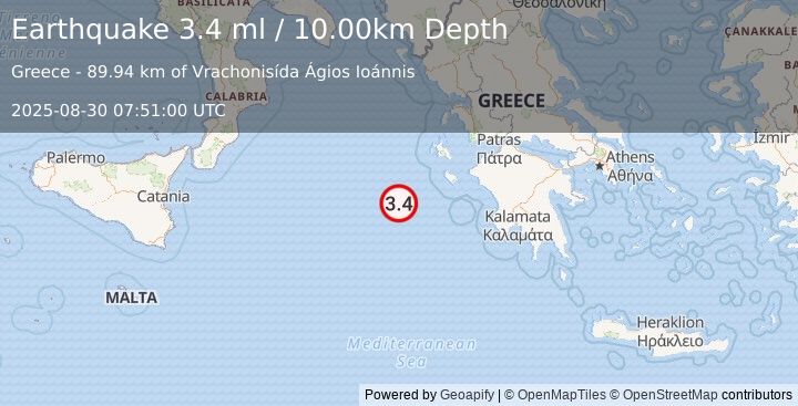 Earthquake IONIAN SEA (3.4 ml) (2025-08-30 07:51:00 UTC)