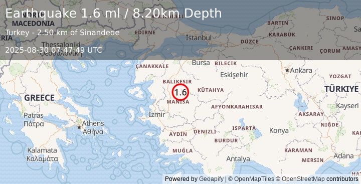 Earthquake WESTERN TURKEY (1.6 ml) (2025-08-30 07:47:49 UTC)