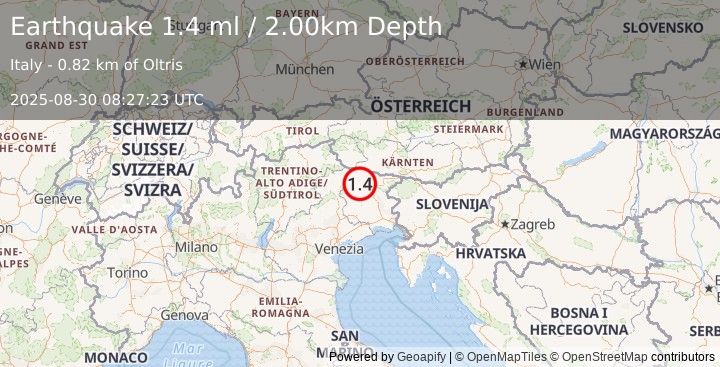 Earthquake NORTHERN ITALY (1.4 ml) (2025-08-30 08:27:23 UTC)