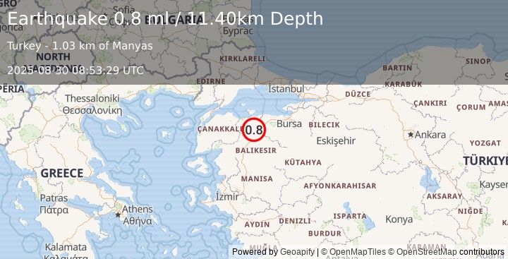Earthquake WESTERN TURKEY (1.0 ml) (2025-08-30 08:53:12 UTC)