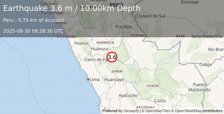 Earthquake CENTRAL PERU (3.6 m) (2025-08-30 09:28:30 UTC)