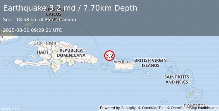 Earthquake PUERTO RICO REGION (3.2 md) (2025-08-30 09:29:21 UTC)