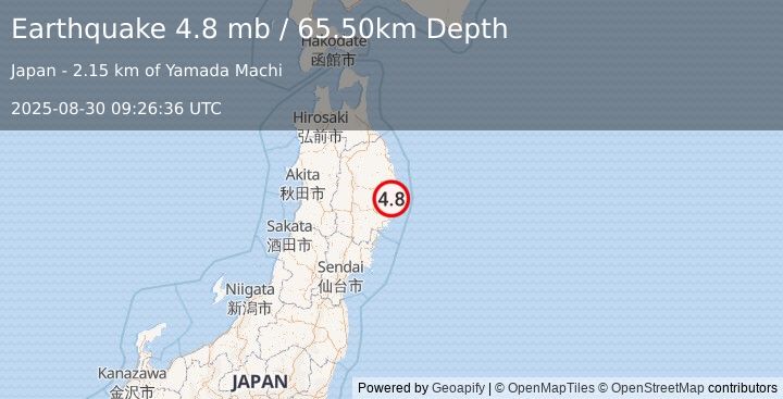 Earthquake EASTERN HONSHU, JAPAN (4.8 mb) (2025-08-30 09:26:36 UTC)