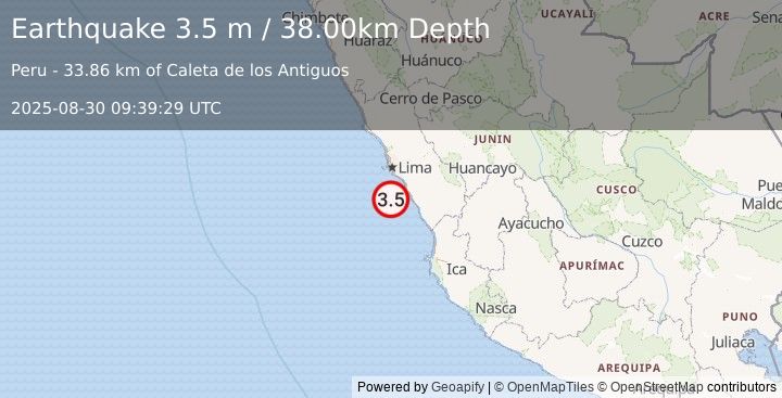 Earthquake NEAR COAST OF CENTRAL PERU (3.5 m) (2025-08-30 09:39:29 UTC)