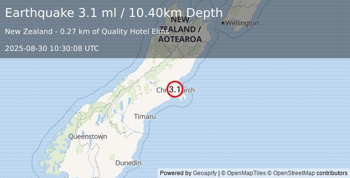 Earthquake SOUTH ISLAND OF NEW ZEALAND (3.1 ml) (2025-08-30 10:30:08 UTC)