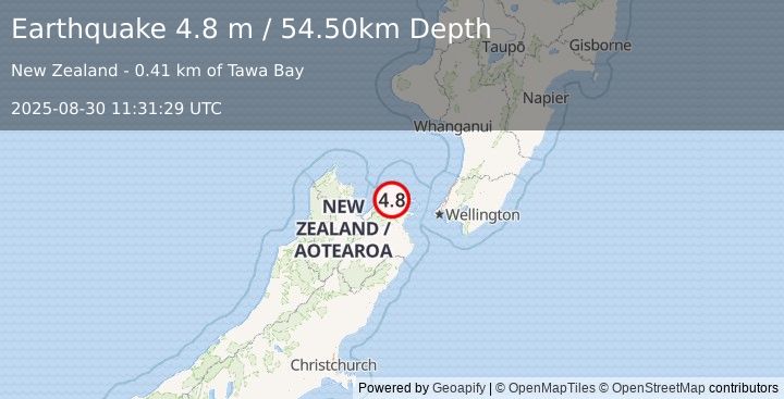 Earthquake SOUTH ISLAND OF NEW ZEALAND (4.9 mb) (2025-08-30 11:31:26 UTC)